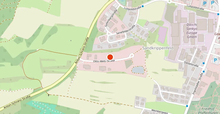 Lageplan: Die Schreinerei Riegler liegt an der Otto-Wels-Straße 7 im Gewerbegebiet Sandkrippenfeld in Pfaffenhofen an der Ilm, nahe der Ingolstädter Straße.
